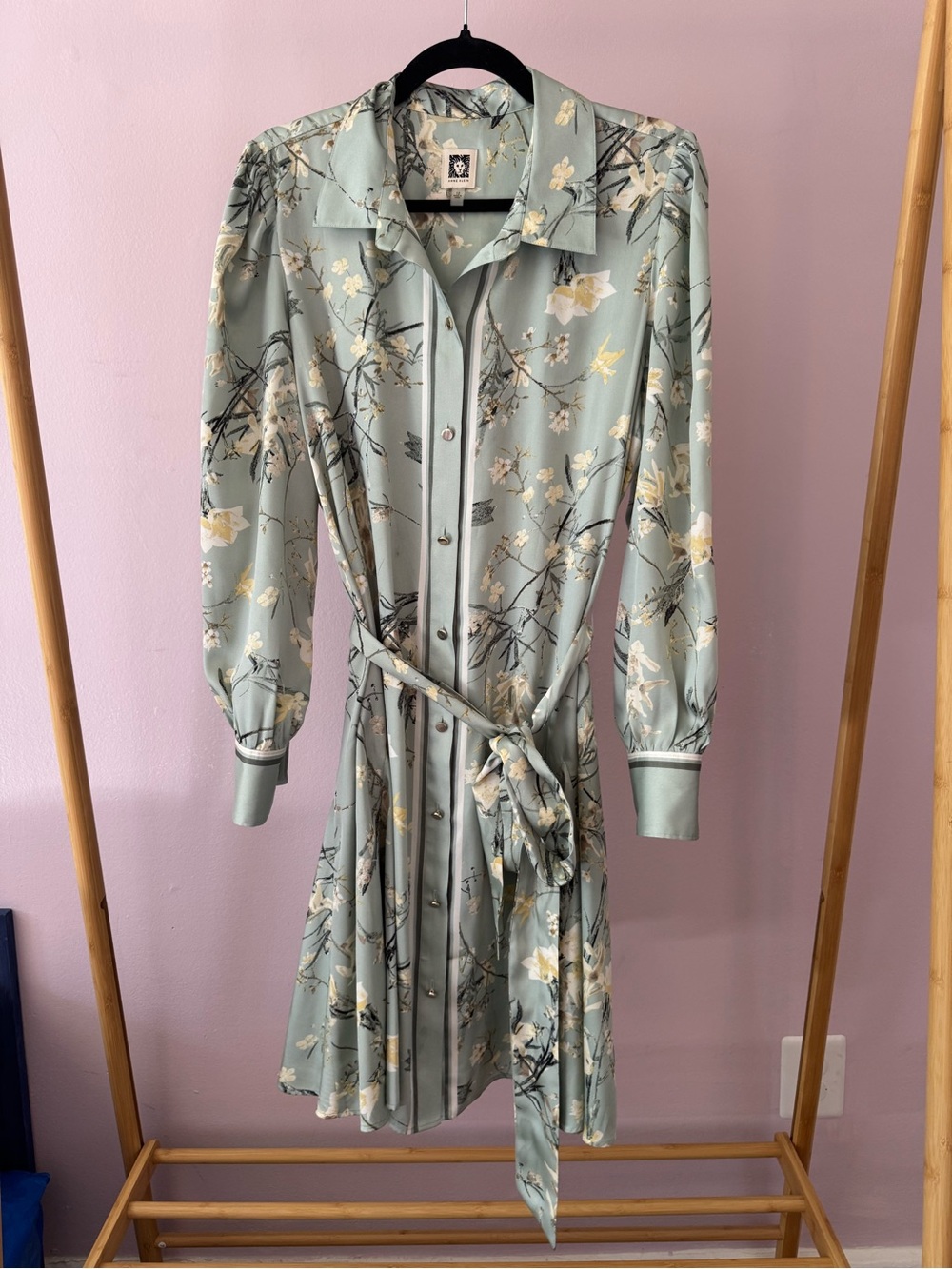 Anne Klein Sage Green Satin Floral Shirt Dress with Tie Waist